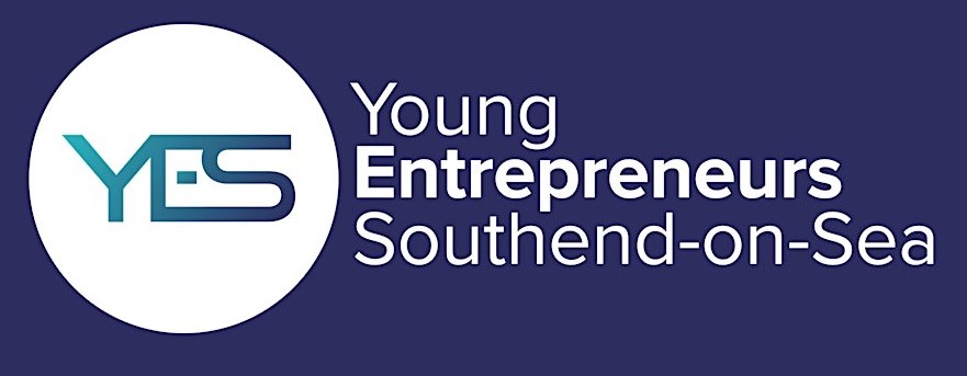YES logo in blue text on white circular background with text next to this reading Young Entrepreneurs Southend-on-Sea in white on a blue background